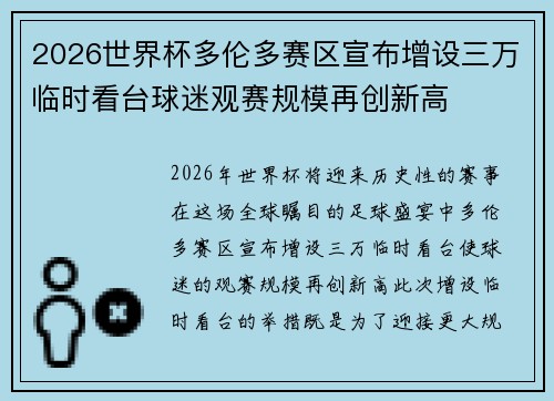 2026世界杯多伦多赛区宣布增设三万临时看台球迷观赛规模再创新高