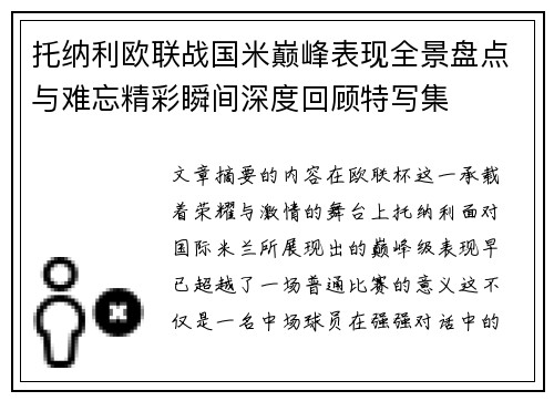 托纳利欧联战国米巅峰表现全景盘点与难忘精彩瞬间深度回顾特写集