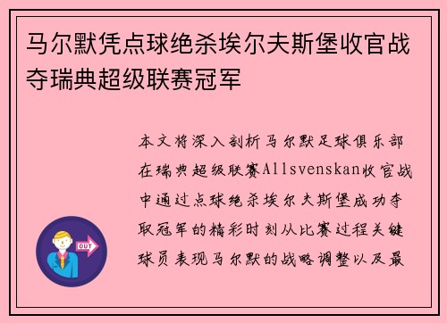 马尔默凭点球绝杀埃尔夫斯堡收官战夺瑞典超级联赛冠军