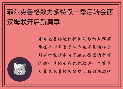 菲尔克鲁格效力多特仅一季后转会西汉姆联开启新篇章