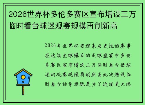 2026世界杯多伦多赛区宣布增设三万临时看台球迷观赛规模再创新高